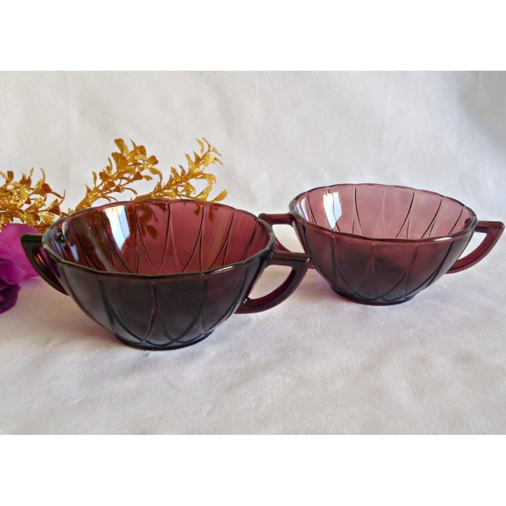 2 Newport Cream Soup Handle Bowl Amethyst Hairpin Depression Glass Purple Hazel